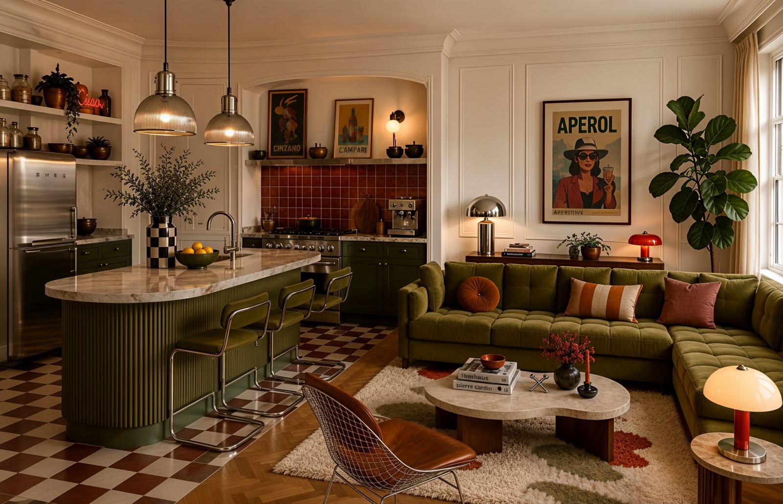 Atmósfera Color — salón en verde oliva con carteles vintage