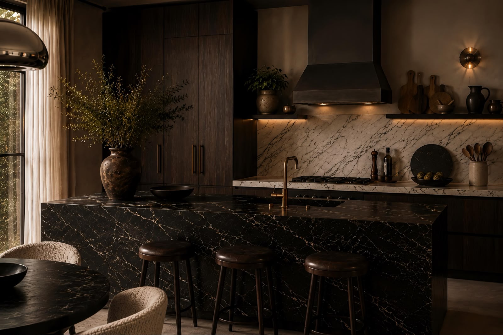 Atmósfera Contraste — cocina en mármol negro y madera oscura