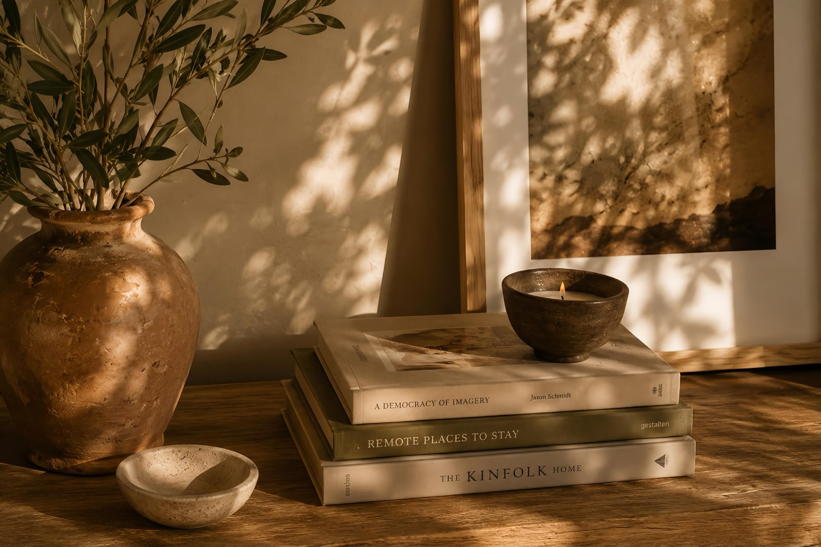 Atmósfera Luz — sombras vegetales sobre libros y cerámica