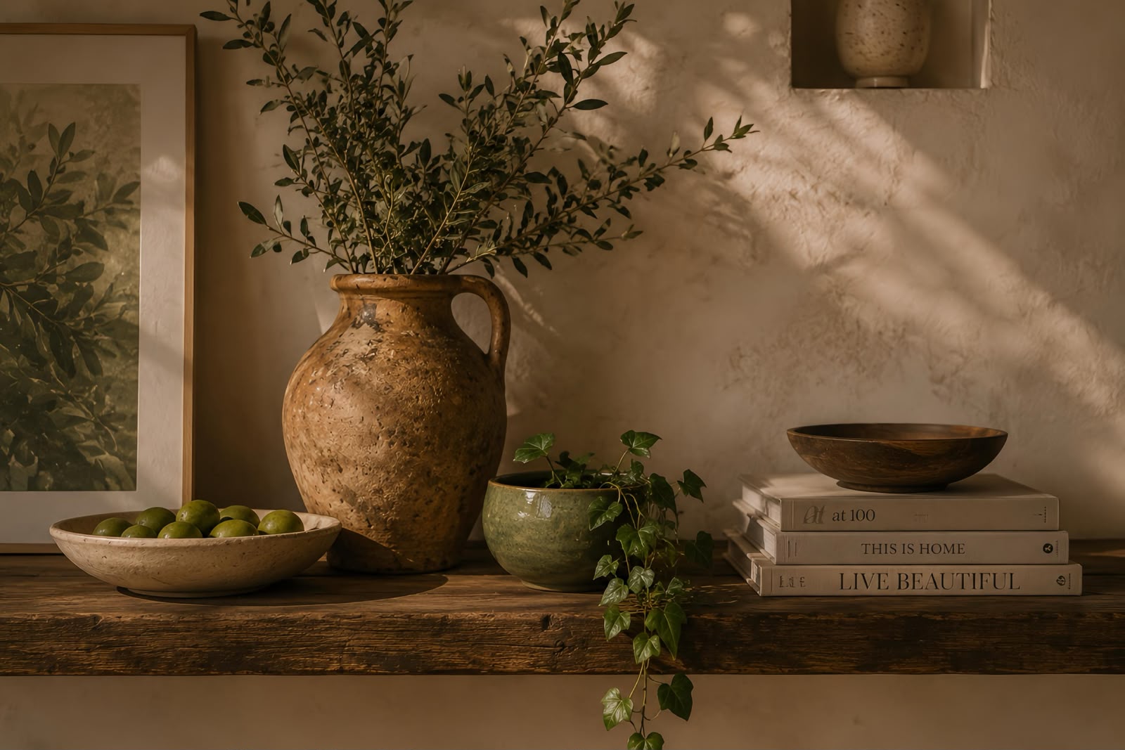 Atmósfera Naturaleza — bodegón con olivo y cerámica