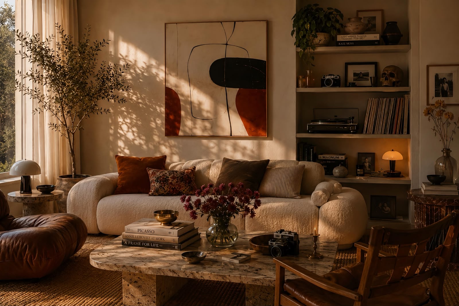 Atmósfera Personalidad — salón al atardecer con arte y objetos personales